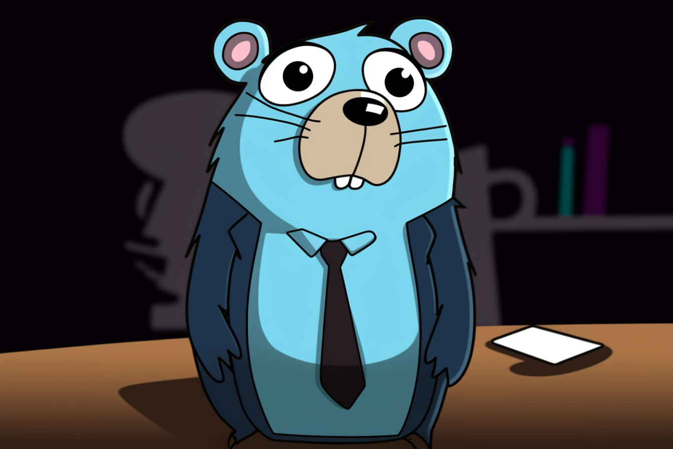 Cartoon Golang Gopher on a table at a Job Interview